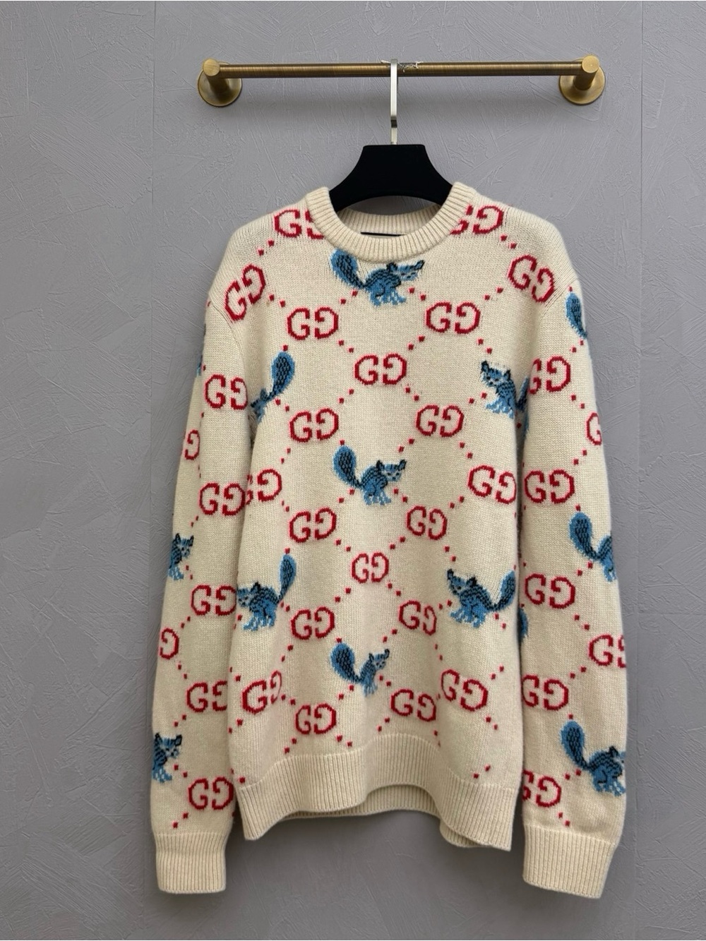 Gucci Cream Sweater with Red GG Pattern and Blue Bird Motifs